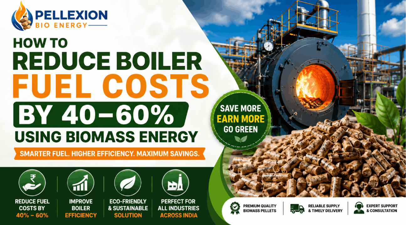 Industrial boiler running on biomass pellets showing reduced fuel cost